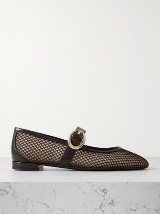 Arabella Buckled Leather-Trimmed Mesh Mary Jane Flats