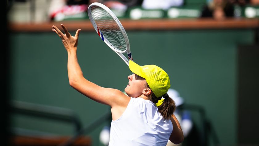 Iga Swiatek of Poland in action in the fourth round of the BNP Paribas Open at Indian Wells Tennis Garden in March, 2025.