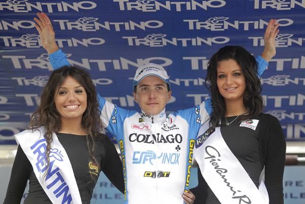 Domenico Pozzovivo (Colnago CSF) on the podium after winning stage four of the Giro del Trentino.