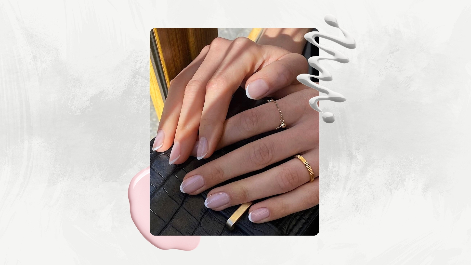 Image of two hands with almond French tip nails from @matejanova, on a white marbled background with white and pink nail polish swatches