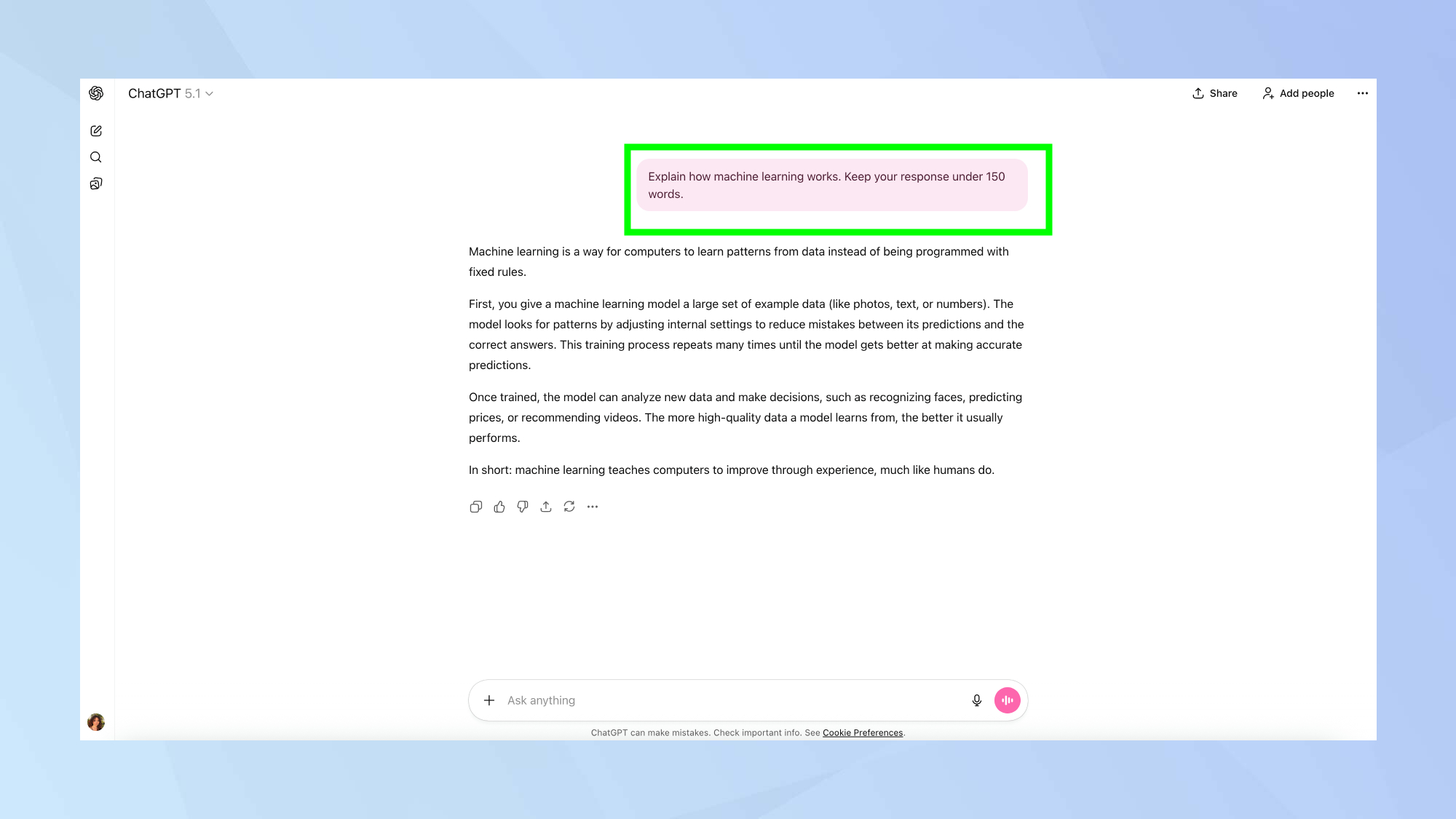 ChatGPT keep your response under 150 words prompt