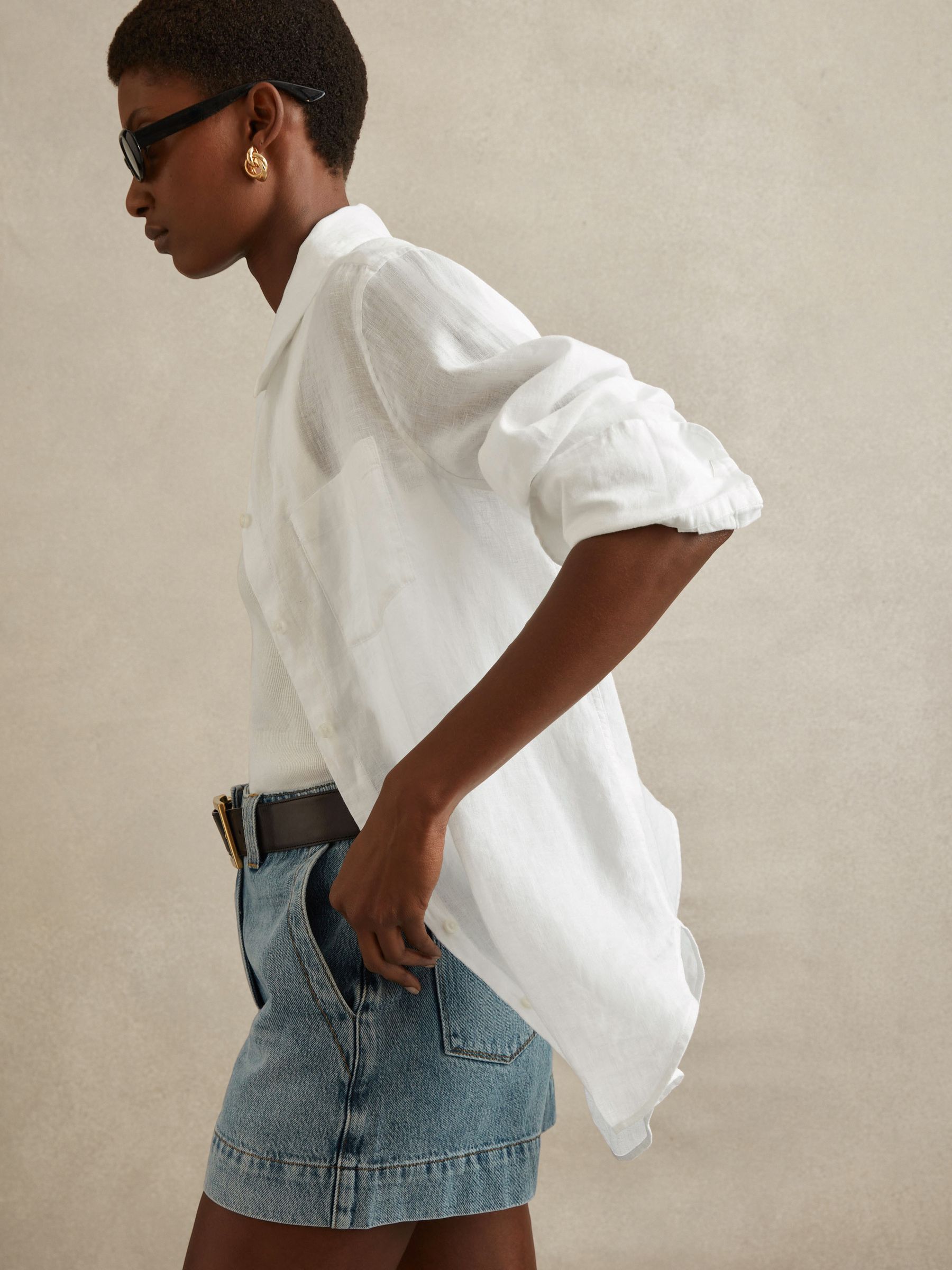 Linen button-through shirt in white
