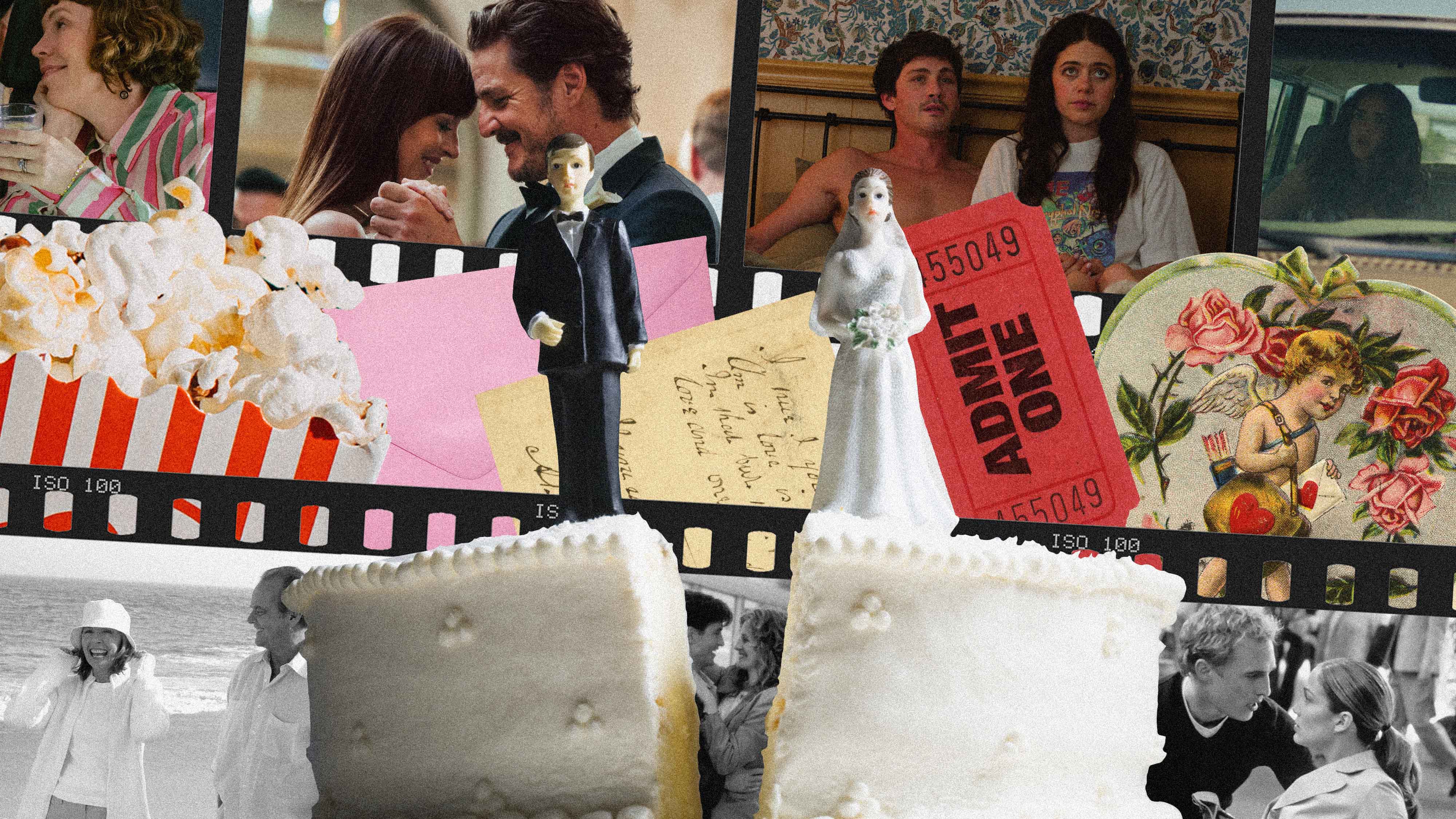 a split wedding cake against a background collage with different rom coms in film strips