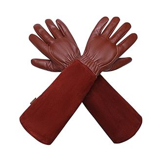 Isilila Leather Gauntlet Gardening Gloves for Women and Men Breathable Rose Pruning Gloves With Thorn Proof Gauntlet, Long Durable Cowhide Sleeves in brown