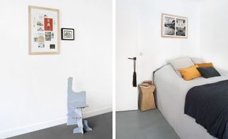 Chair by Max Lamb, bedside table by Liaigre and artworks by Ettore Sottsass, Haris Epaminonda and Astrid de la Chapelle