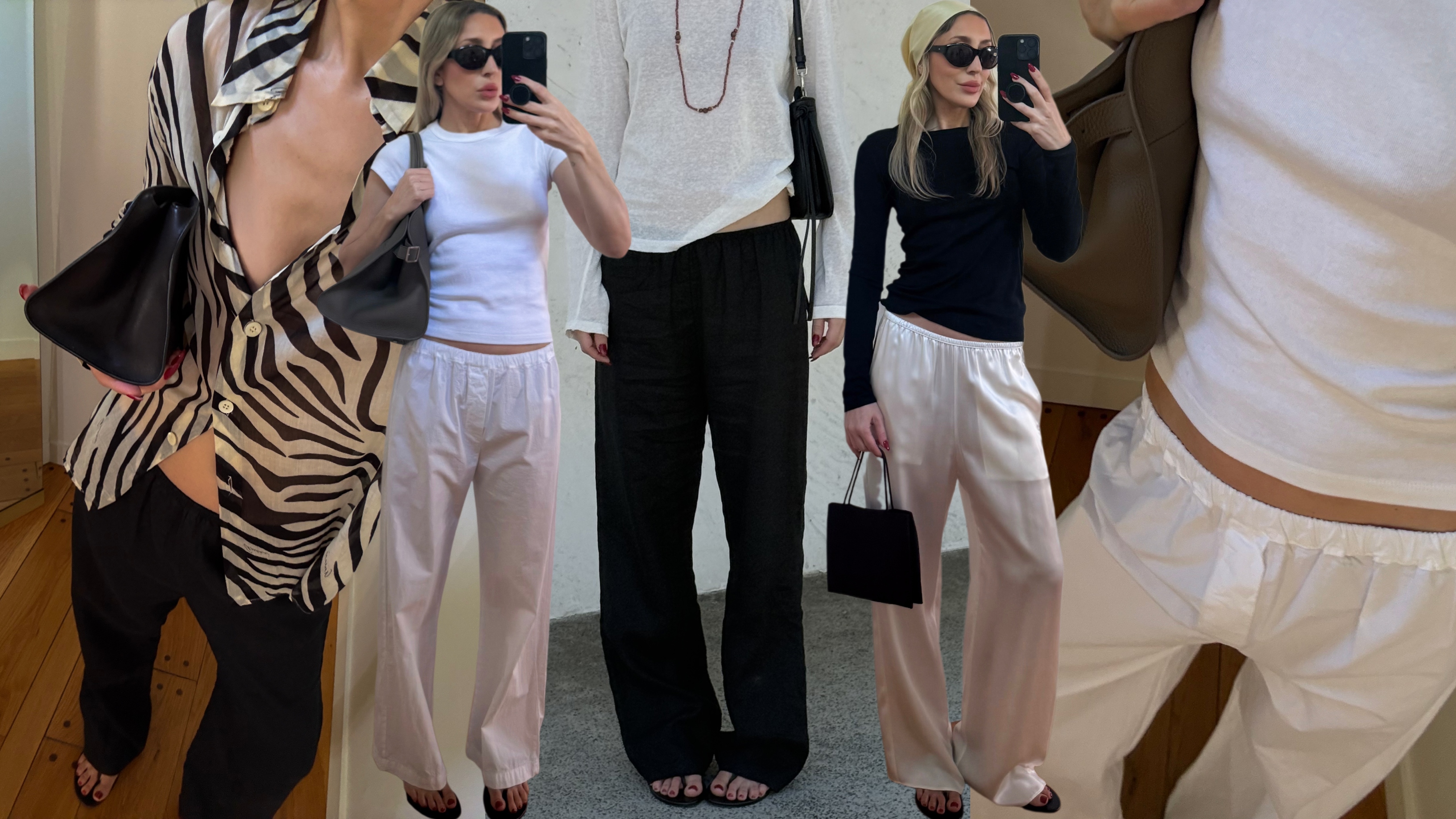 collage of Angela Fink wearing easy summer pants