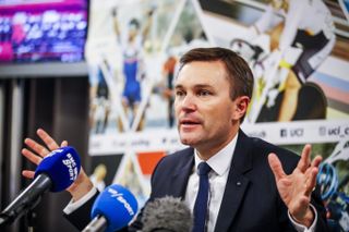 David Lappartient, newly elected President of the UCI, attends press conference in Bergen, Norway, on September 21, 2017.
Frenchman David Lappartient said his main job after being elected the new president of the UCI was to maintain cycling's credibility. / AFP PHOTO / NTB scanpix AND NTB Scanpix / Cornelius Poppe / Norway OUT (Photo credit should read CORNELIUS POPPE/AFP via Getty Images)