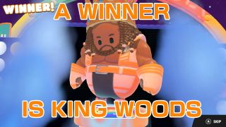 A meme screen for King Woods' victory in Fall Guys