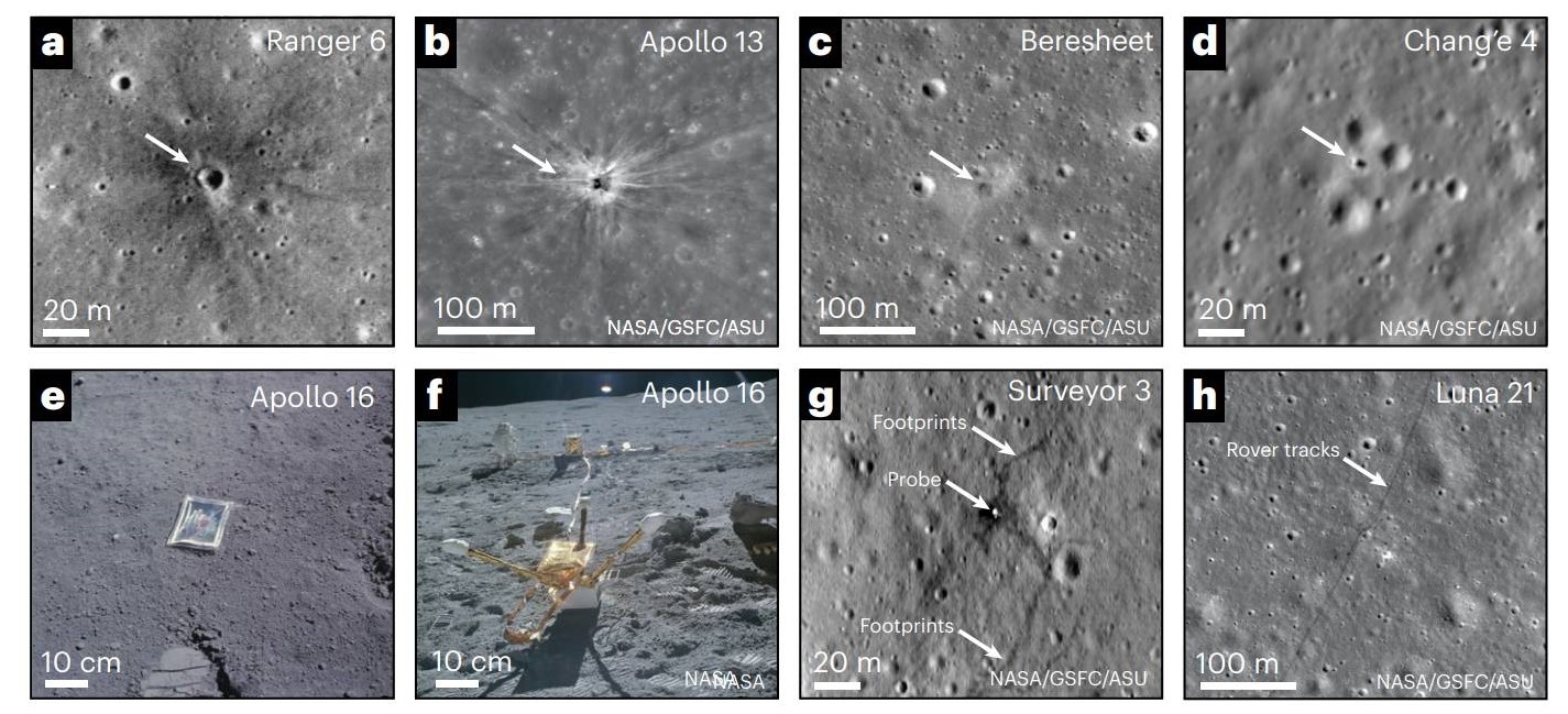 eight different images of a grey surface dotted with craters