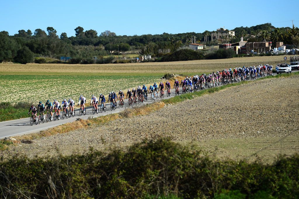 PALMA SPAIN JANUARY 30 A general view of the peloton competing during the 1st Challenge Ciclista Mallorca 2022 Trofeo Playa De PalmaPalma a 1691km race from Playa de Palma to Palma ChallengeMallorca on January 30 2022 in Palma Spain Photo by Dario BelingheriGetty Images