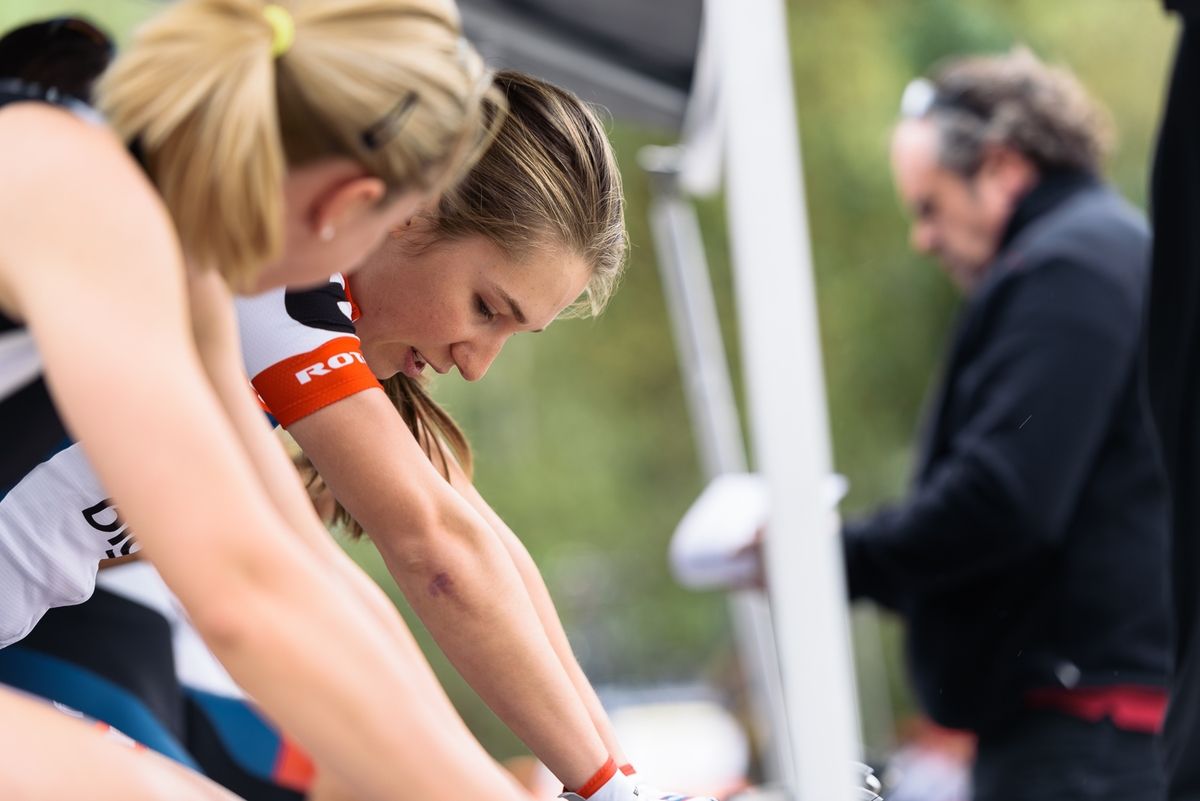 Clara Koppenburg chats with her teammate, Stephanie Pohl as they warm up for stage 1
20160414_144601.jpg