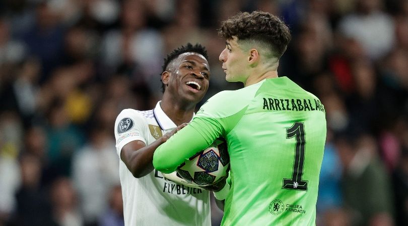 Real Madrid&#039;s Vinicius Junior and Chelsea&#039;s Kepa Arrizabalaga during a Champions League clash at the Santiago Bernabeu in April 2023.