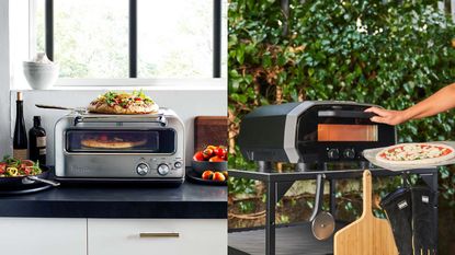 A two panel image demonstrating Breville Smart Oven Pizzaiolo vs Ooni Volt, a Breville pizza oven and an Ooni pizza oven