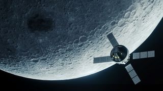 illustration of the orion spacecraft above the moon