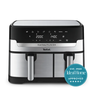 A silver two drawer Tefal air fryer on a white background with a 4.5 stars Ideal Home approved badge