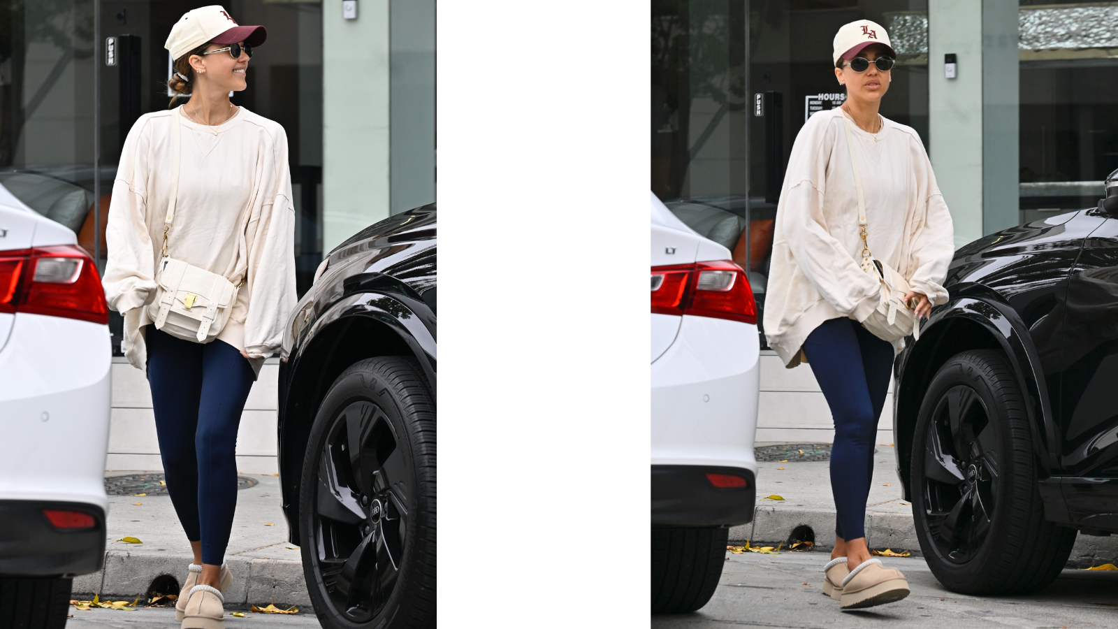 Jessica Alba wearing Uggs, leggings and a sweatshirt