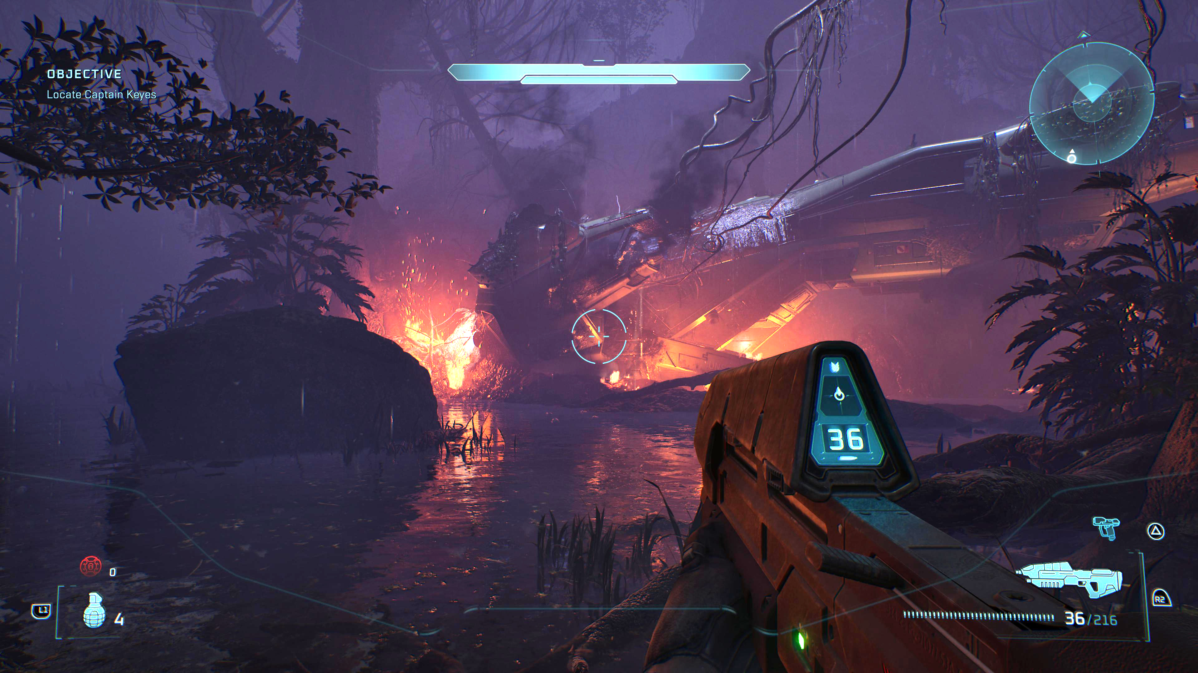 A screen from Halo of a crashed dropship at night, burning