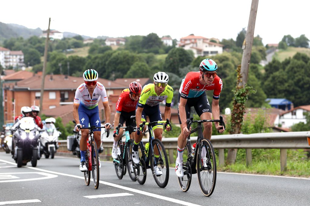 BILBAO SPAIN JULY 01 LR Valentin Ferron of France and Team TotalEnergies Simon Guglielmi of France and Team ArkaSamsic Lilian Calmejane of France and Team IntermarchCircusWanty and Pascal Eenkhoorn of The Netherlands and Team Lotto Dstny compete in the breakaway during the stage one of the 110th Tour de France 2023 a 182km stage from Bilbao to Bilbao UCIWT on July 01 2023 in Bilbao Spain Photo by Michael SteeleGetty Images