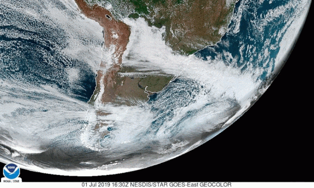 This animated weather map from the GOES-East satellite shows a few clouds crossing over South America at sunset on July 1, 2019.