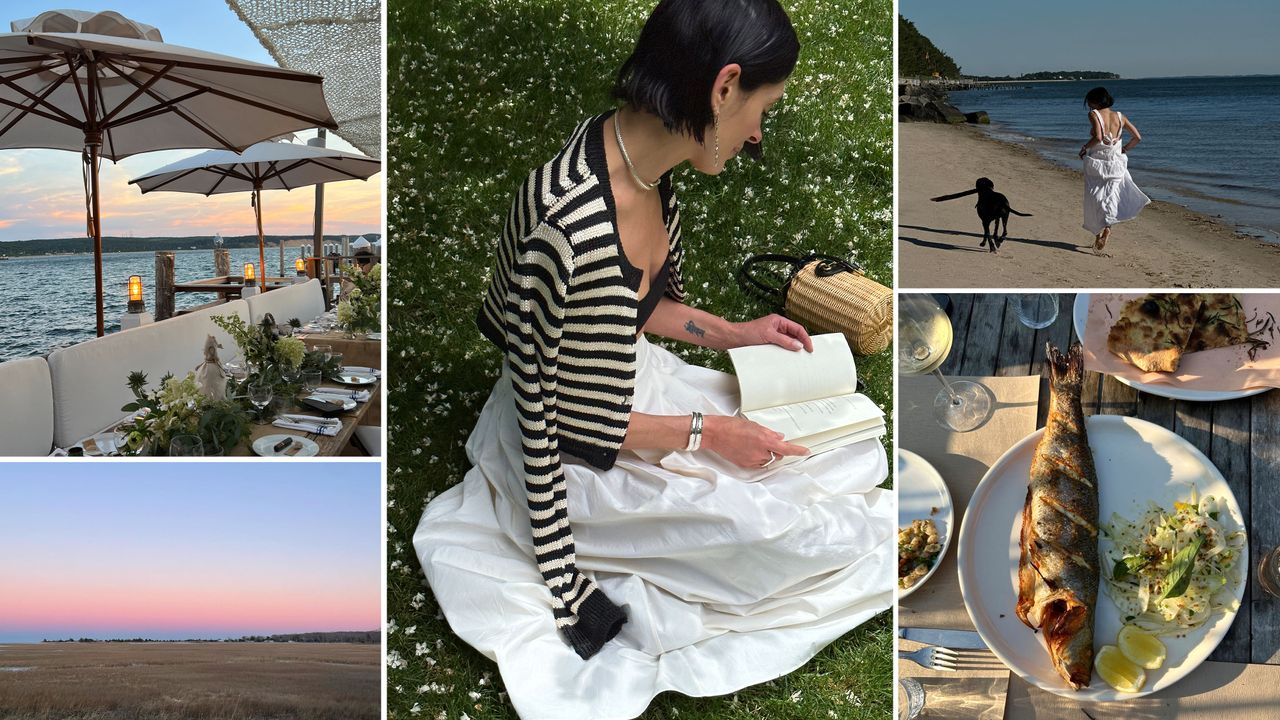 A collage of images featuring Athena Calderone and her travel guide to the Hamptons.