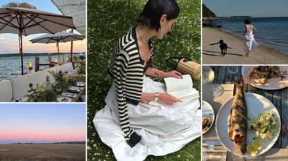 A collage of images featuring Athena Calderone and her travel guide to the Hamptons.