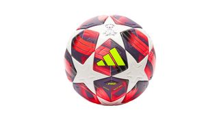 A red football with white stars has a florescent Adidas logo in the centre.