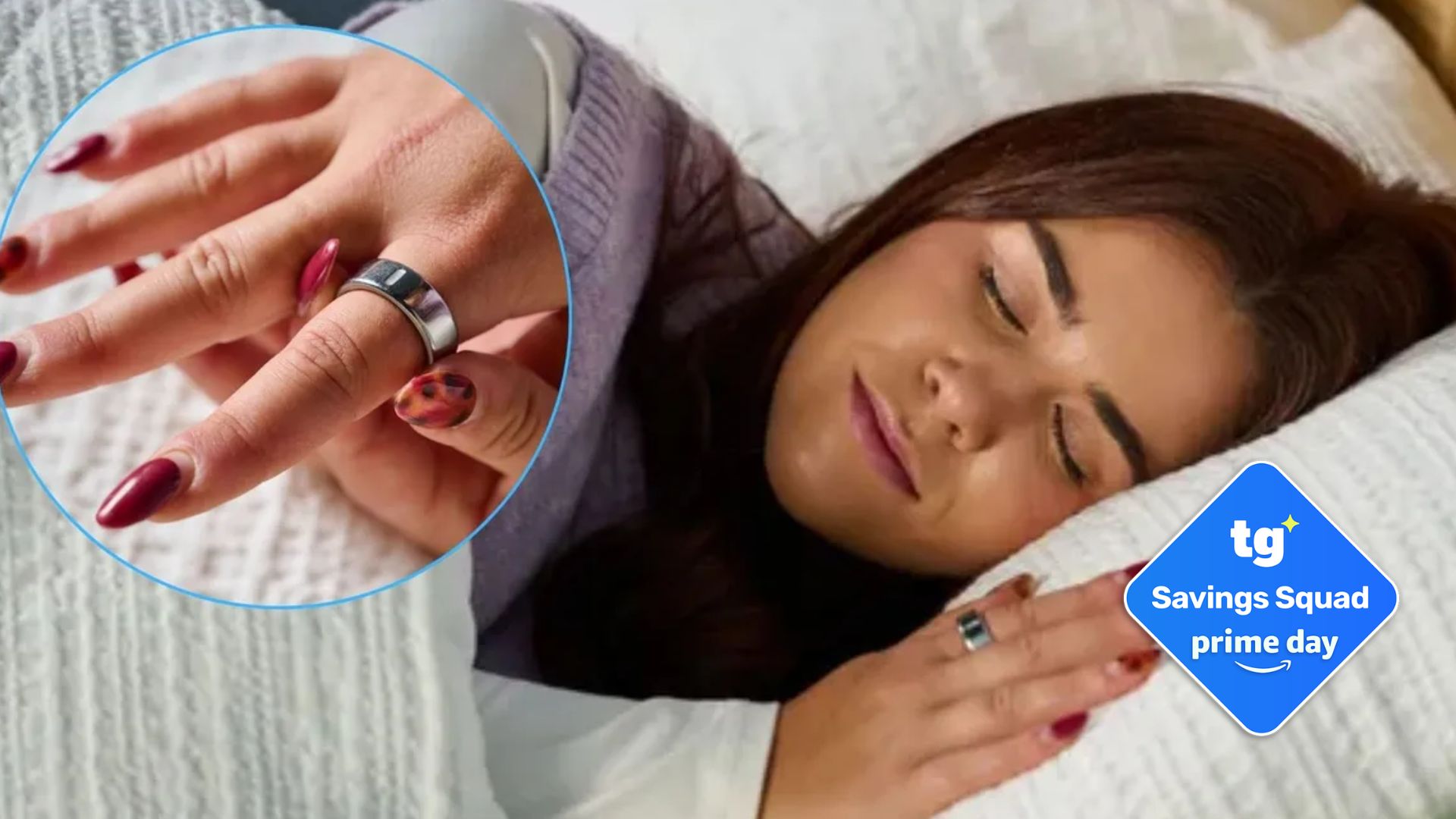 The image shows a dark haired woman lying in bed with a silver ring on her finger. Inset, a close-up image of her finger shows the silver ring in more detail.