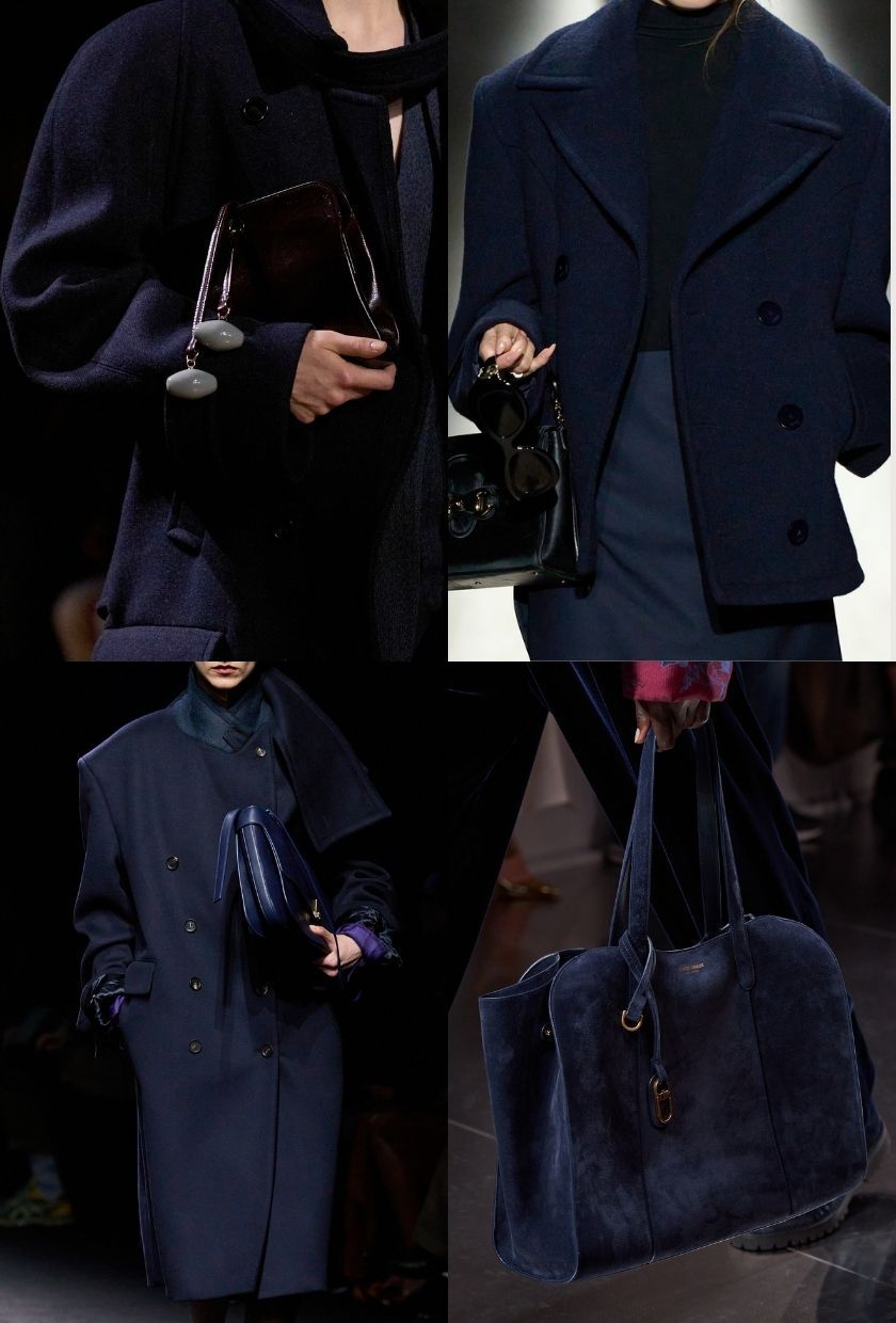 A midnight blue jacket and bag, blazer and mini skirt, long coat, scarf an bag and suede handbag on the Victoria Beckham, Gucci, Ferragamo and Giorgio Armani Autumn/Winter 2026 runways.