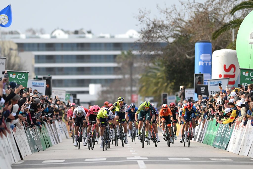 LAGOS PORTUGAL FEBRUARY 14 LR Arnaud Demare of France and Team Arkea BB Hotels Rui Oliveira of Portugal and UAE Team Emirates Marijn van den Berg of The Netherlands and Team EF Education EasyPost stage winner Gerben Thijssen of Belgium and Team Intermarche Wanty Jordi Meeus of Belgium and Team BORA hansgrohe Jasper Stuyven of Belgium and Team Lidl Trek and Casper Van Uden of The Netherlands and Team dsmfirmenich PostNL sprint at finish line during the 50th Volta ao Algarve em Bicicleta 2024 Stage 1 a 2008km stage from Portimao to Lagos on February 14 2024 in Lagos Portugal Photo by Dario BelingheriGetty Images