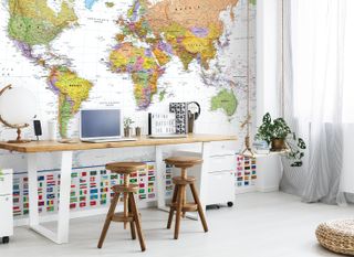 Map mural in a home office