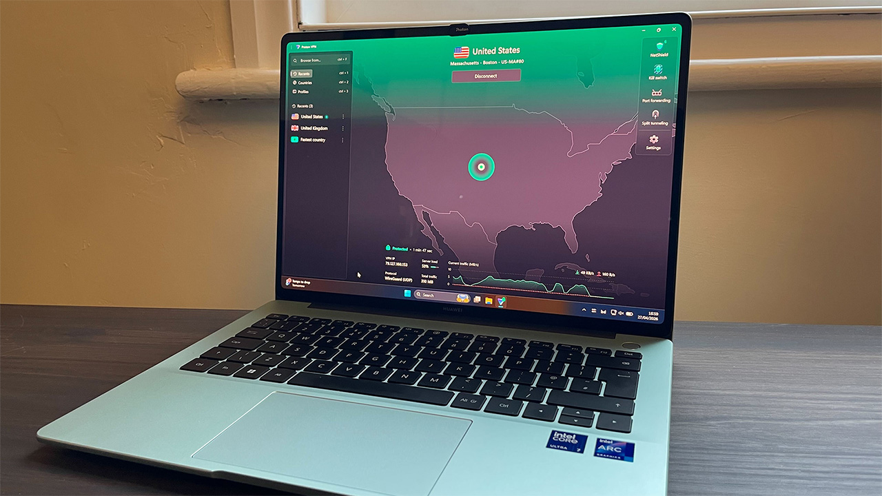 Image of Proton VPN's Windows app displayed on a laptop