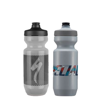 Two Specialized bottle standing side by side, one in clear and one in grey, as featured in best water bottles for cycling