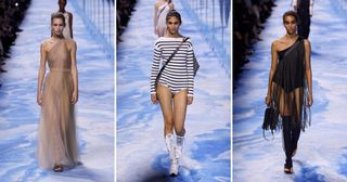 Dior SS25 collection, three models wearing a pink tulle gown, a striped black and white long sleeved bodysuit and a fringed black one shoulder dress