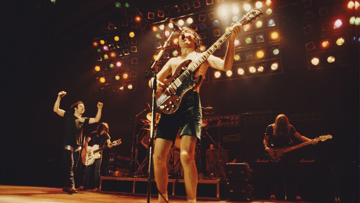 (L-R) Brian Johnson, Malcolm Young, Angus Young and Cliff Williams of AC/DC