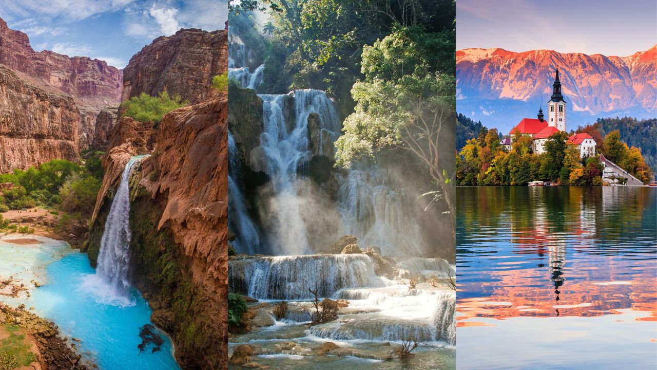 3 pictures of wild swimming locations. L-R: Havasu Falls, USA, Kuang Si Falls, Laos and Lake Bled, Slovenia