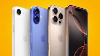 The iPhone 16 lineup on an orange background