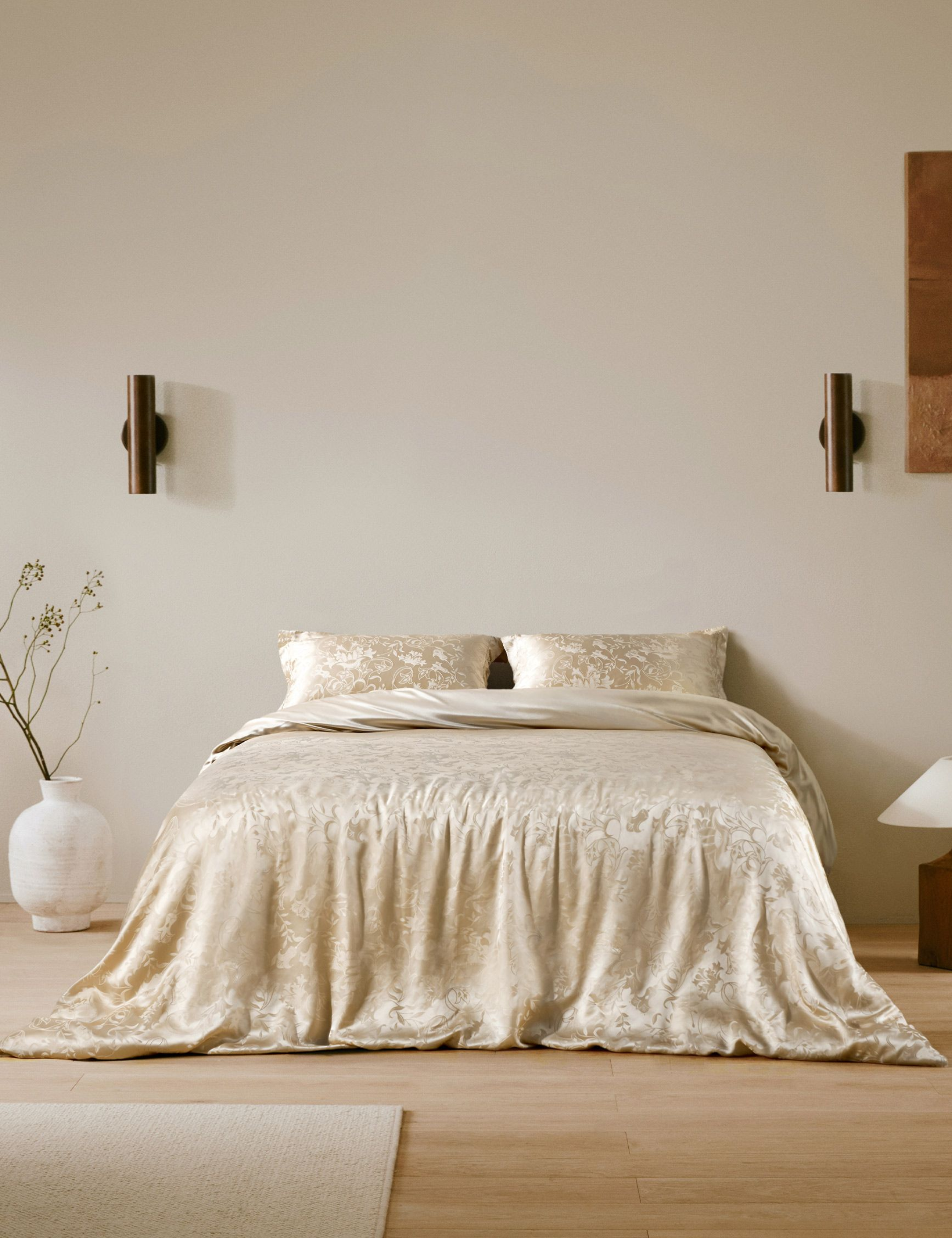 Silk bedscape adorned with lily embroidery