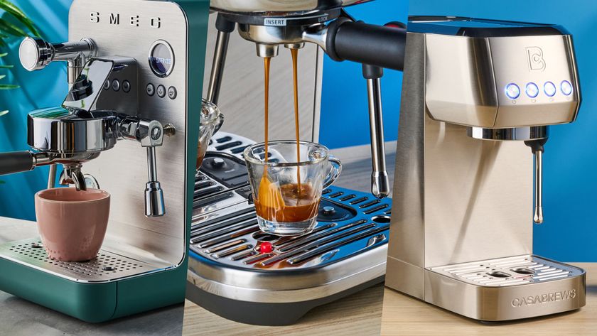 a composite image of three espresso machines: smeg emc02 mini pro, breville sage bambino plus, casabrews 3700 essential