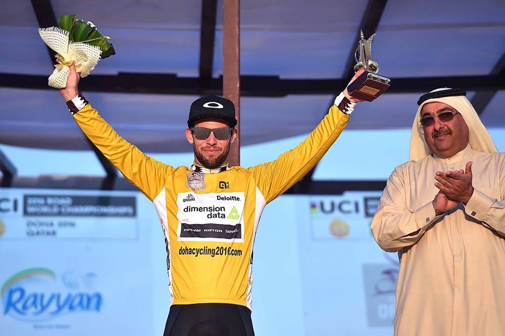 Mark Cavendish (Dimension Data) celebrates his second overall win at the Tour of Qatar