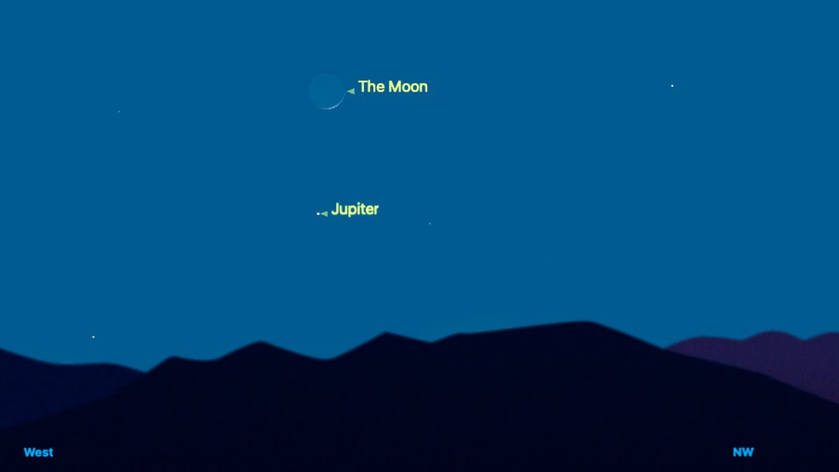 an illustration of a thin crescent moon above a bright orb labeled "jupiter"