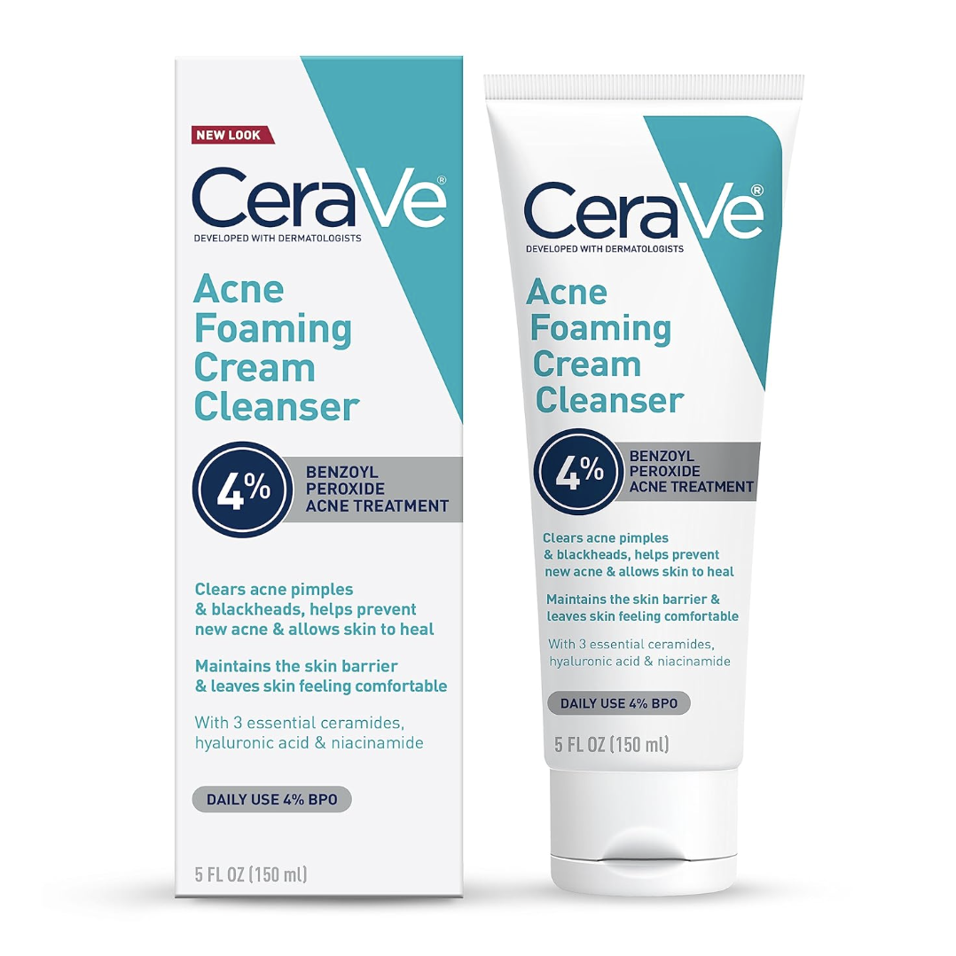 Cerave Acne Foaming Cream Cleanser, 4% Benzoyl Peroxide Face Wash With Hyaluronic Acid, Niacinamide &amp; Ceramides, Gentle Daily Acne Treatment for Face