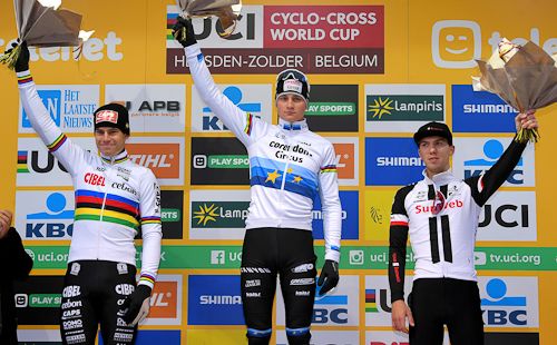 The Zolder podium: Wout Van Aert, Mathieu van der Poel and Joris Nieuwenhuis