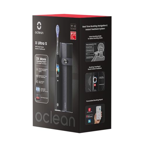 Oclean X Ultra S Electric Toothbrush With 3x Brush Heads & Travel Case, Smart Sonic Toothbrush Kit for Adults, Real-Time 8 Areas Tracking With Touch Screen (black)