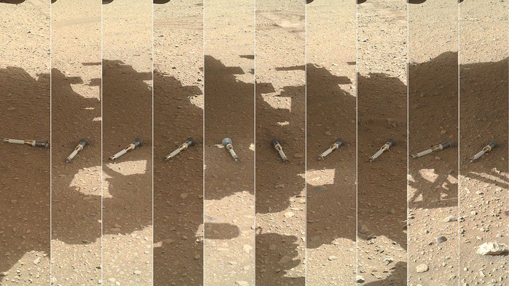 a collage of ten different images of small metal tubes lying on the surface of Mars