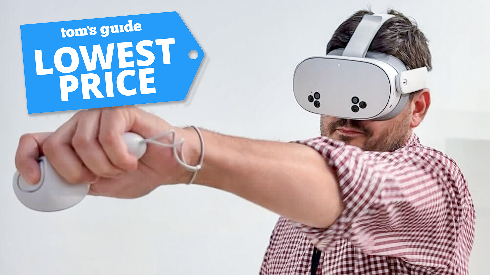 Meta Quest 3S on person holding Quest Touch plus controller with Tom's Guide Lowest Price badge
