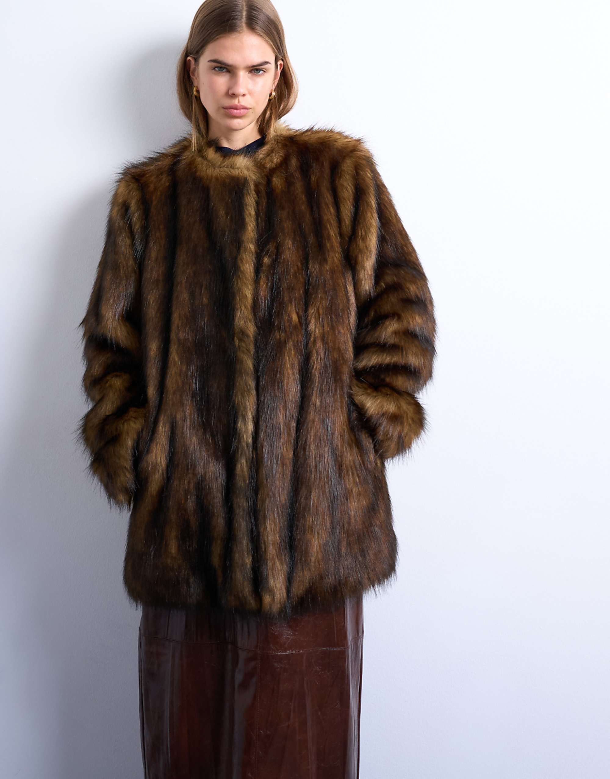 Topshop Faux Fur Collarless Mid Length Coat in Ginger
