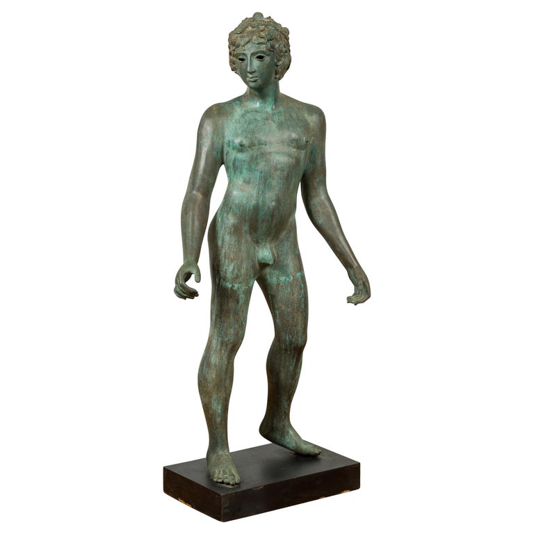 Greco Roman Style Vintage Verde Bronze Statue of a Male Nude With Grapes in Hair