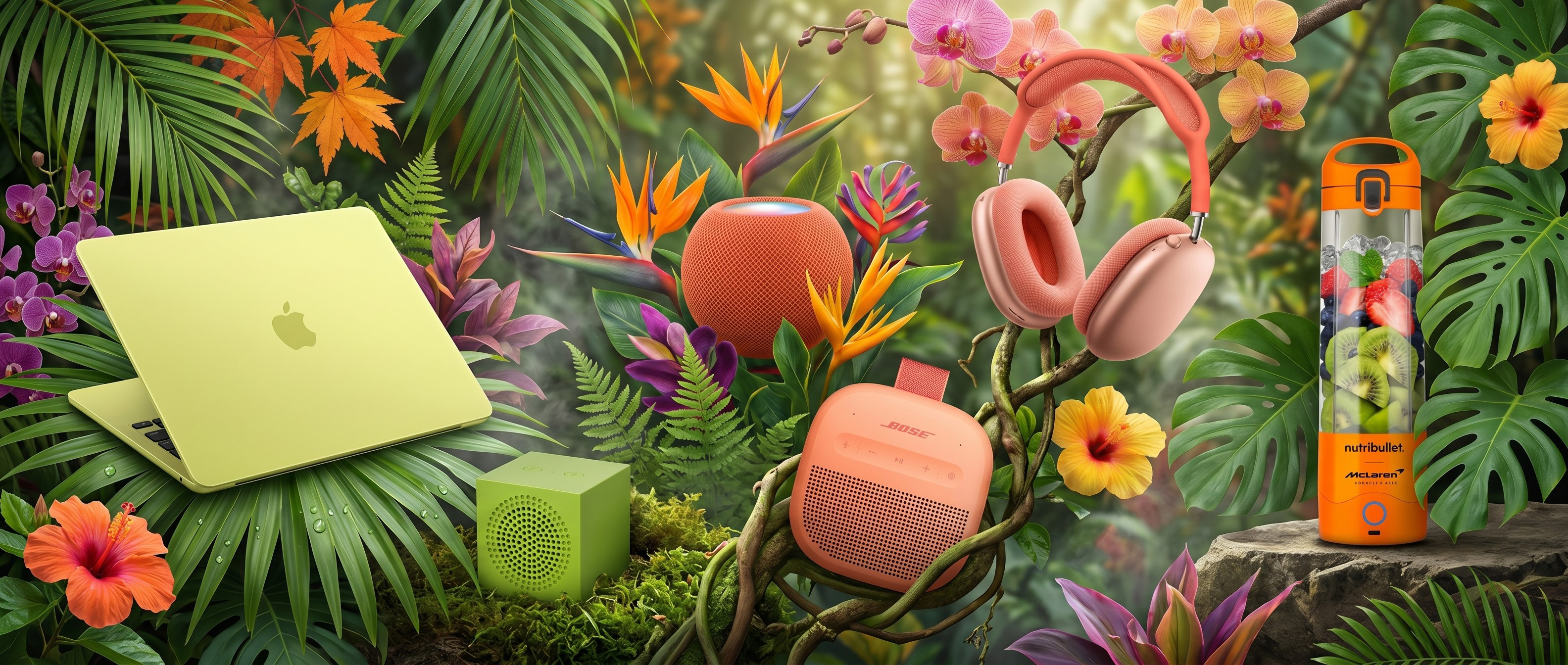 Selection of tech in oranges, yellows and greens