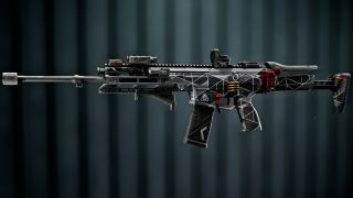 Battlefield 6 M433 loadout: A side-on view of the M433 assault rifle against a dark stripey background.