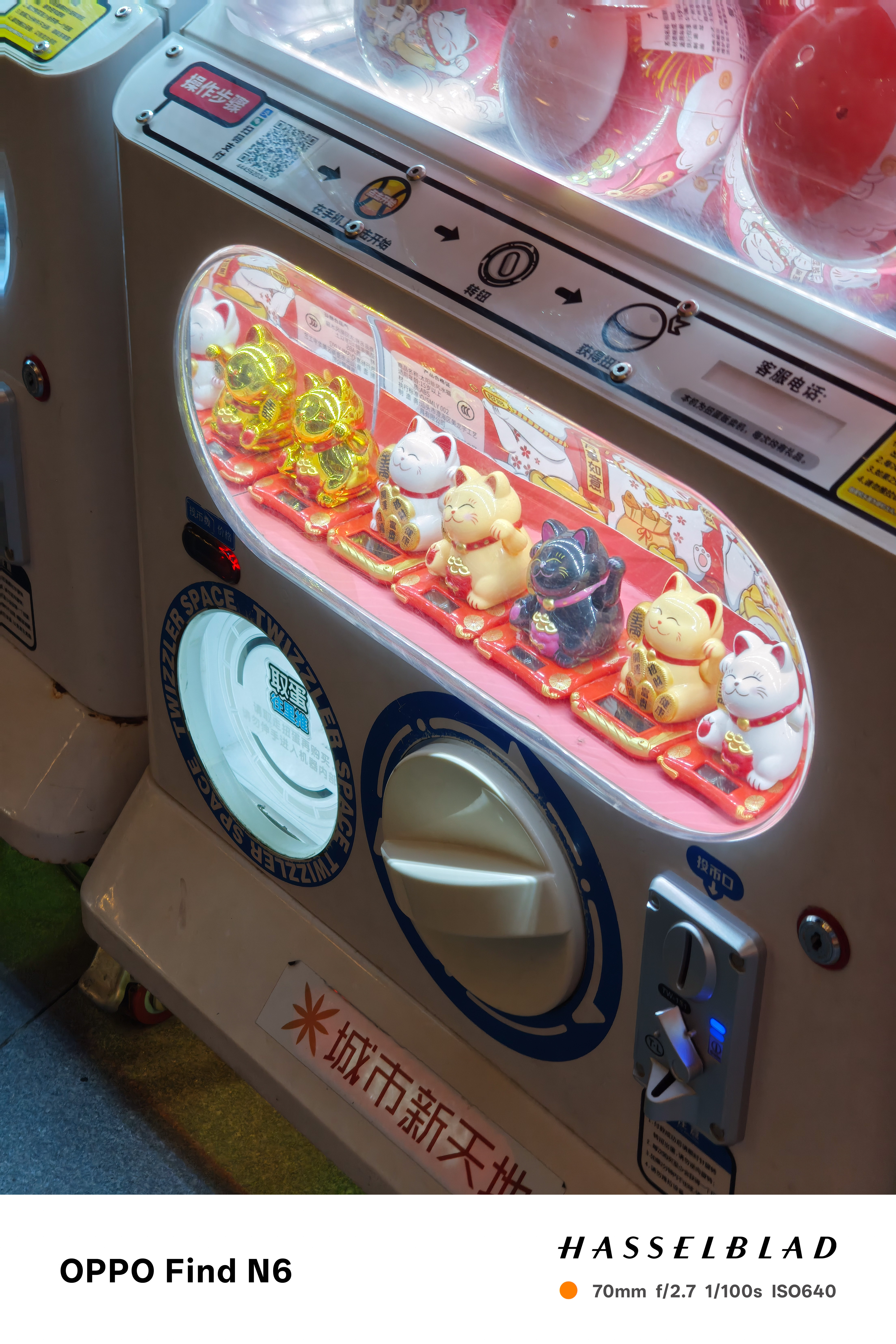 A close-up, angled shot of a toy vending machine containing several rows of "Maneki-neko" (lucky cat) figurines in various colors, including gold, white, and black. The machine is brightly lit, and the labels are in Chinese characters.